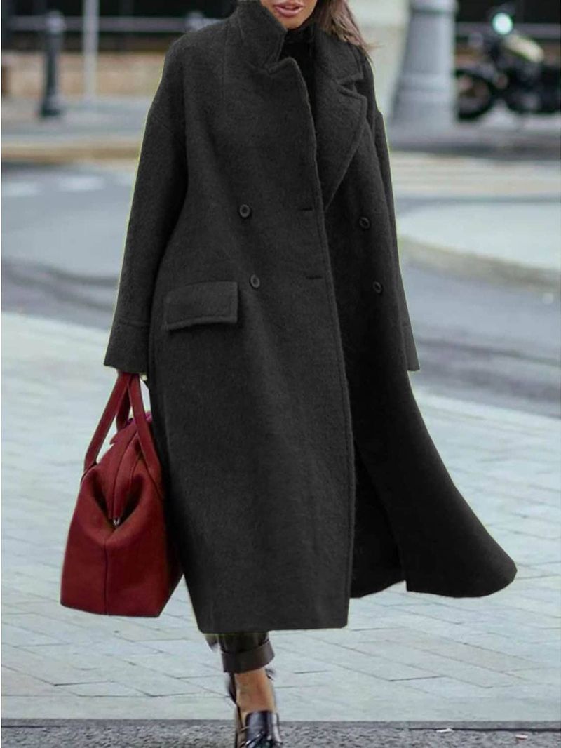 Elegant Long Wool Coat For Women - Oversized Lapel Trench Coat In Solid Green/Black/Camel - Plus Size Winter Coat For Office & Casual Wear_voghion.com