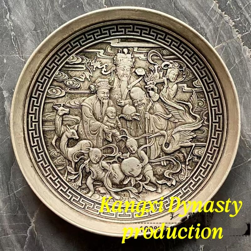 Collectible Antique Silver Plates Featuring The Gods Of Good Fortune, Longevity, Happiness, Andprosperity,as Wellassymbols Of Wealthandabundance._voghion.com