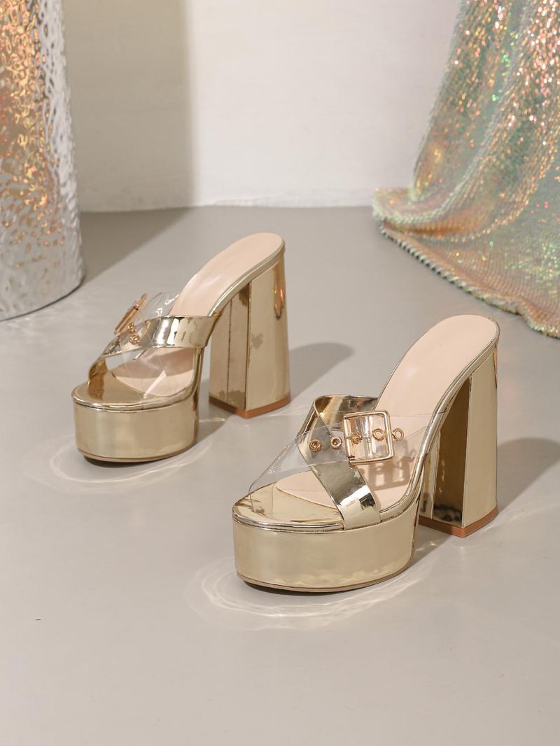 Elegante gouden sandalen met hoge hak voor dames - Sexy vierkante stiletto's met bandjes en platform (EU 35-42)_voghion.com