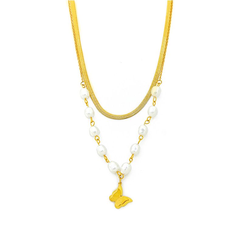 2023 New Instagram Cool Wind Double layered Layered Pearl Necklace for Female Hip Hop, Unique Design, Butterfly Collar_voghion.com