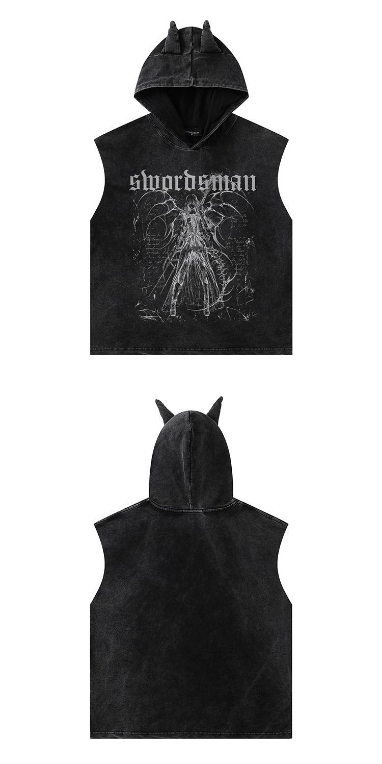 Trendig Dark Washed Cross Devil Loose Hooded ärmlös T-shirtväst_voghion.com