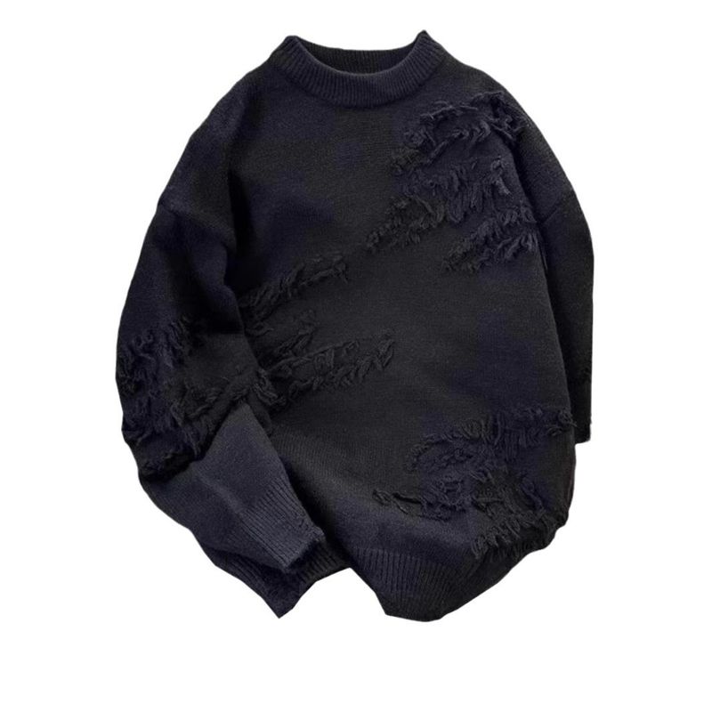 New tassel distressed sweater for men and women, loose round neck, inner knit sweater, autumn and winter outerwear_voghion.com