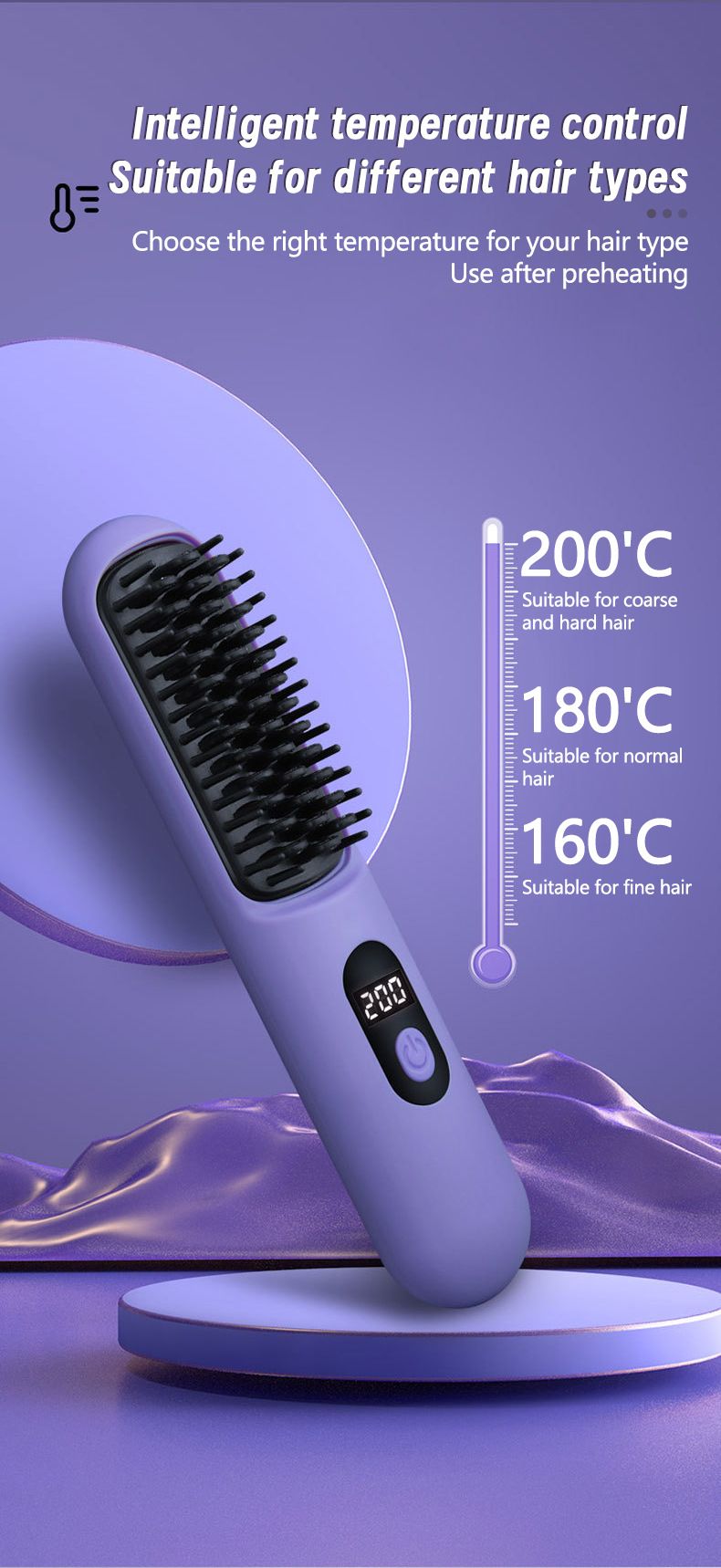 Pente sem fio com carregamento USB, visor de temperatura para cuidados com íons negativos, pente portátil para cabelos lisos_voghion.com