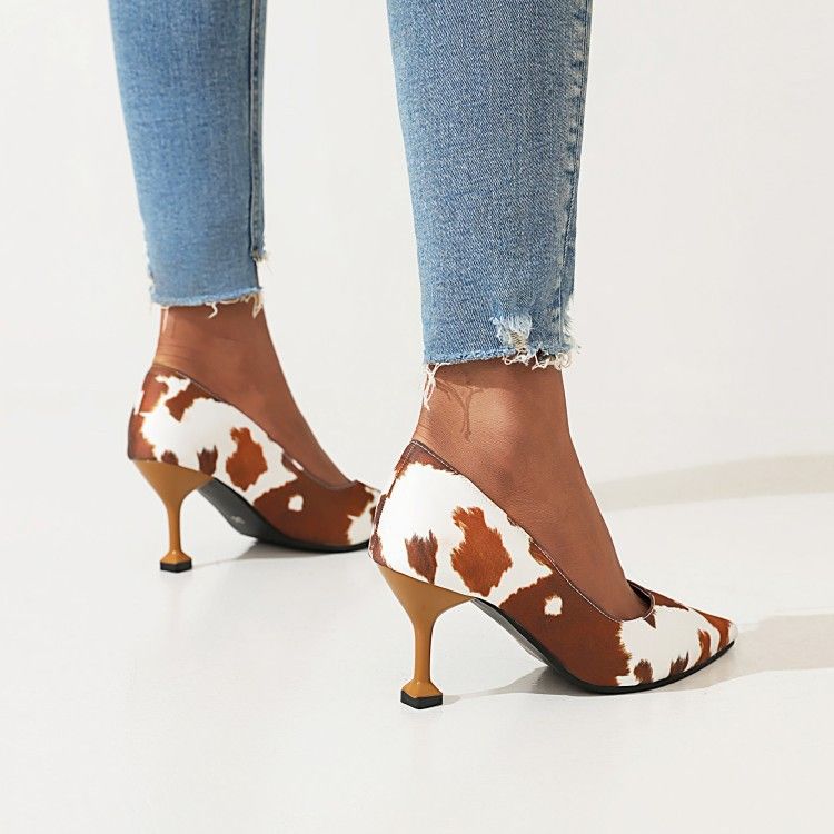 Personality cow Color striped snake print pointed wine glass heels heels women plus-size_voghion.com