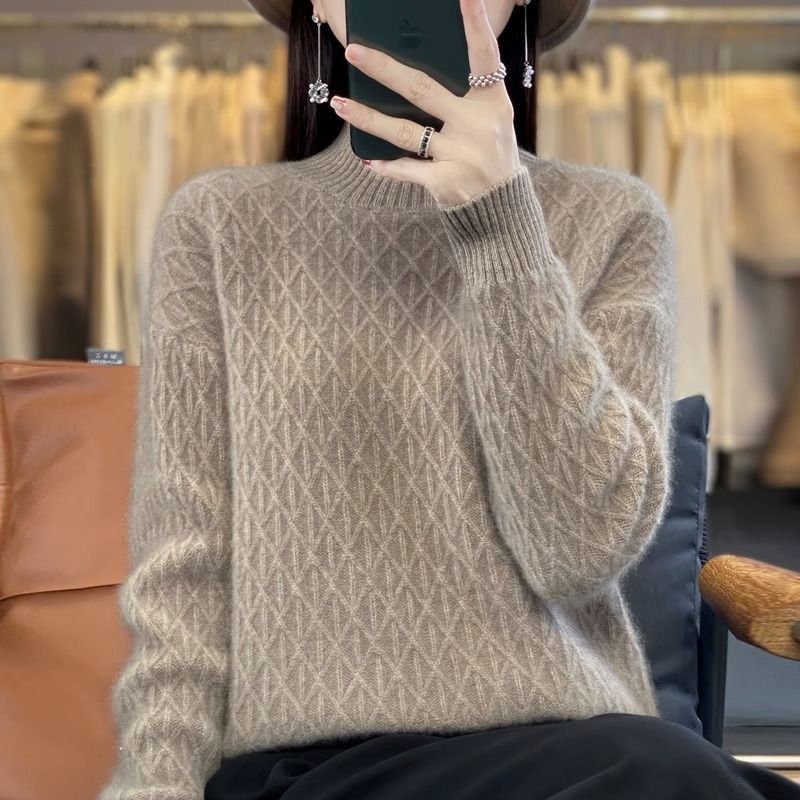 【 Família Cashmere 】 Outono e inverno pulôver semi-alto gola curta lã base feminina suéter de malha grossa camada interna_voghion.com