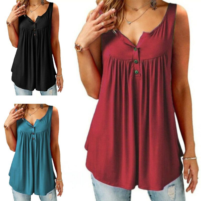 Women Ruffle Elegant O Neck Swing Tunic Blouses In Chic Design Button Sleeveless_voghion.com