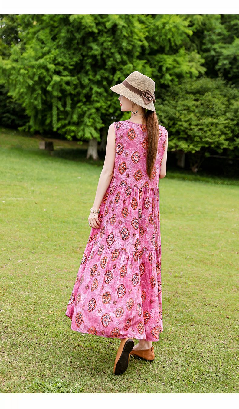 Französischer Stil High-End für Frauen Sommer 2025 Neue lose Plus Size Extra lange Baumwolle Blumenweste Kleid Falten Outfit_voghion.com