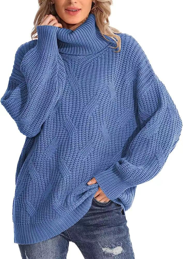 Pull tricoté à col roulé et manches longues pour femme, ample, à la mode_voghion.com