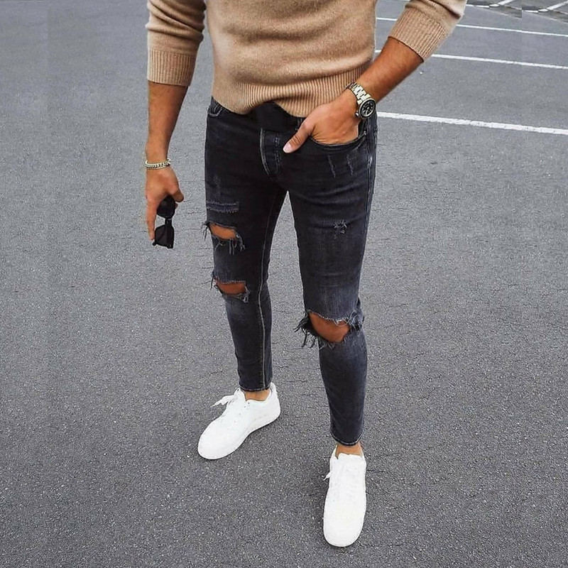 Trend stretchjeans voor heren Skinny denimbroek met gescheurde knieën_voghion.com