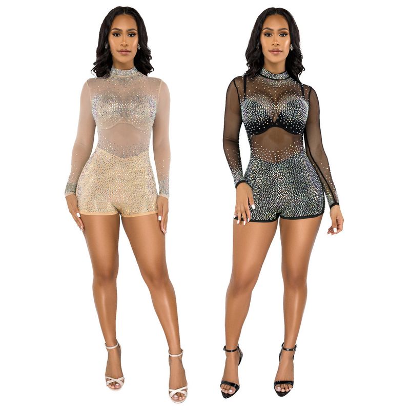 Vêtements pour femmes, nouvelle combinaison à manches longues en polyester, maille, soie, lait, moulante, transparente, sexy, diamant, une pièce_voghion.com