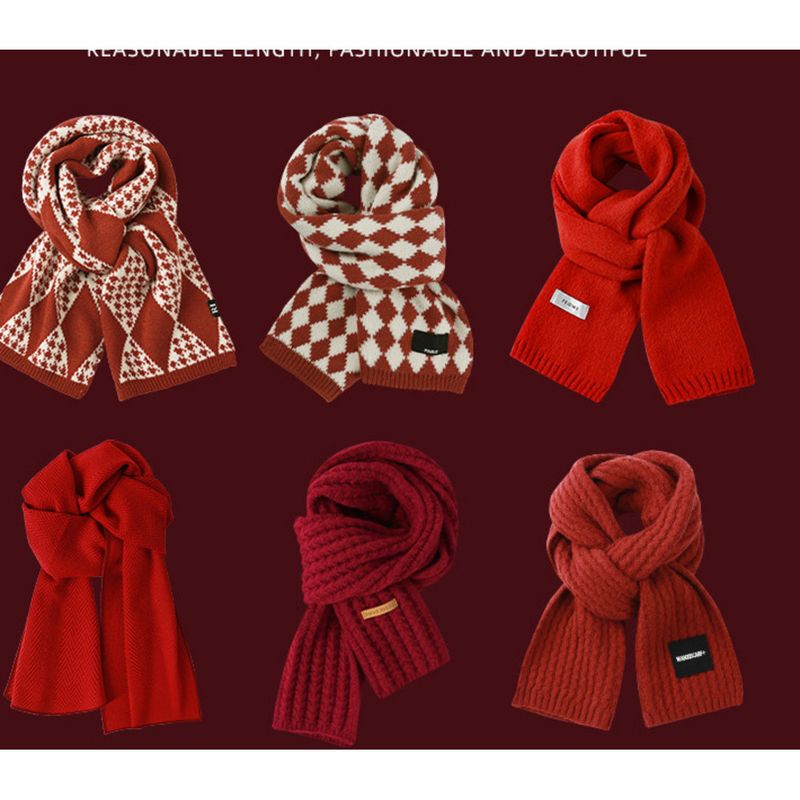 Red Christmas Knitted Scarf For Women Winter Korean Version Versatile Plaid New Year Thickened Warm Student Trendy_voghion.com