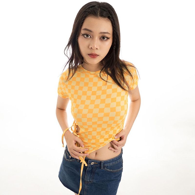 Q23TP238 Top asimétrico con lazo lateral a cuadros amarillos irregulares para verano, nuevo_voghion.com
