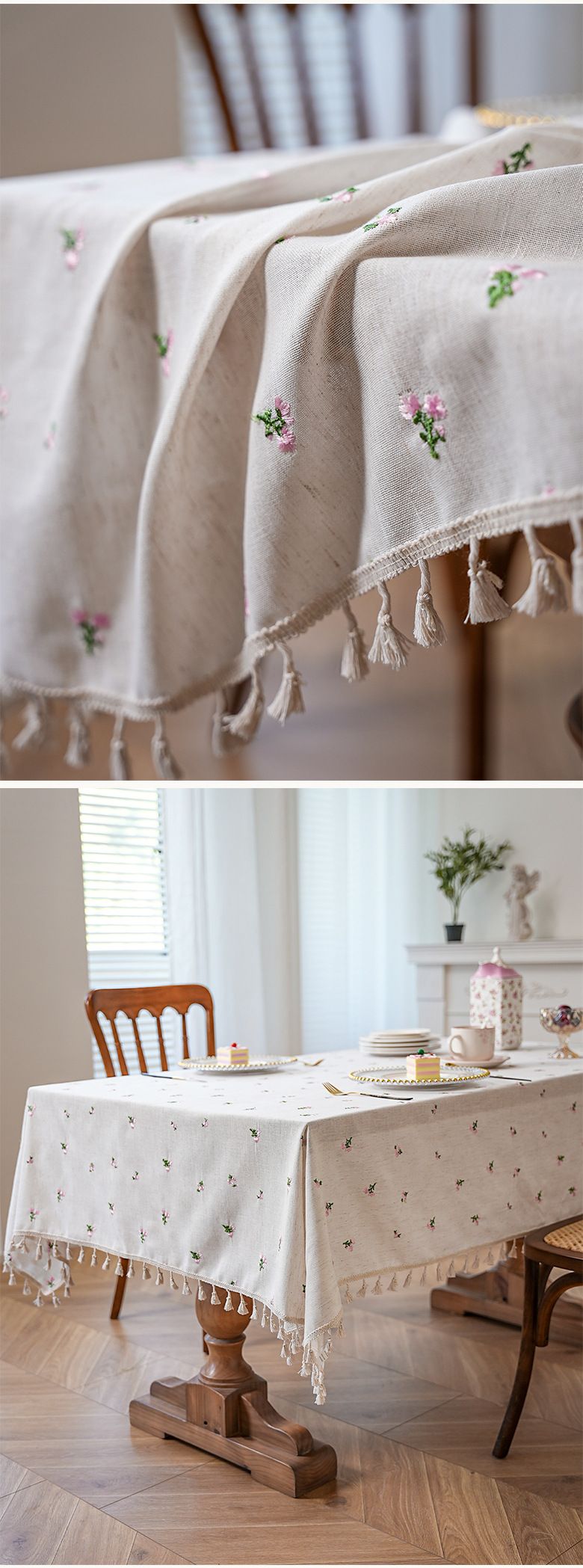 Luxury Waterproof Tablecloth - Pink Floral Embroidery On Linen, Stain & Dust Resistant For Dining Table (150x220cm, Machine Washable)_voghion.com