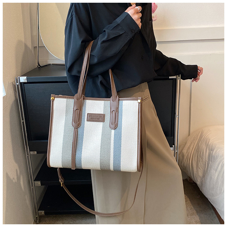 Nowa torba z grubej bawełny o dużej pojemności płócienna torba damska transgraniczny handel zagraniczny kontrastowy kolorowy pasek torba na ramię trend w modzie torba listonoszka_voghion.com