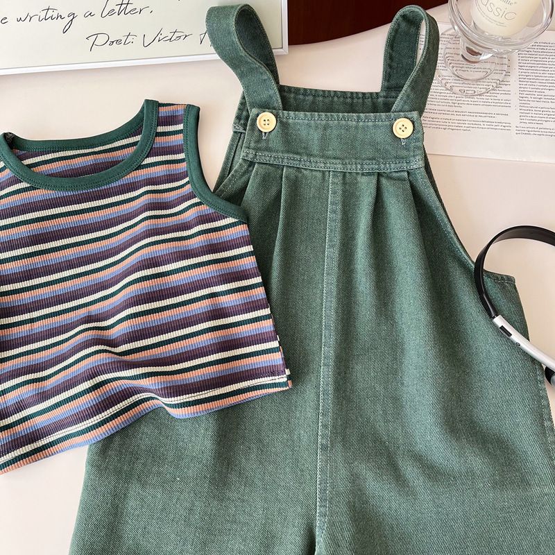 Kinderkleidung Jeansanzug Jungen und Mädchen Gestreifter T-Overall Zweiteiliger Anzug_voghion.com