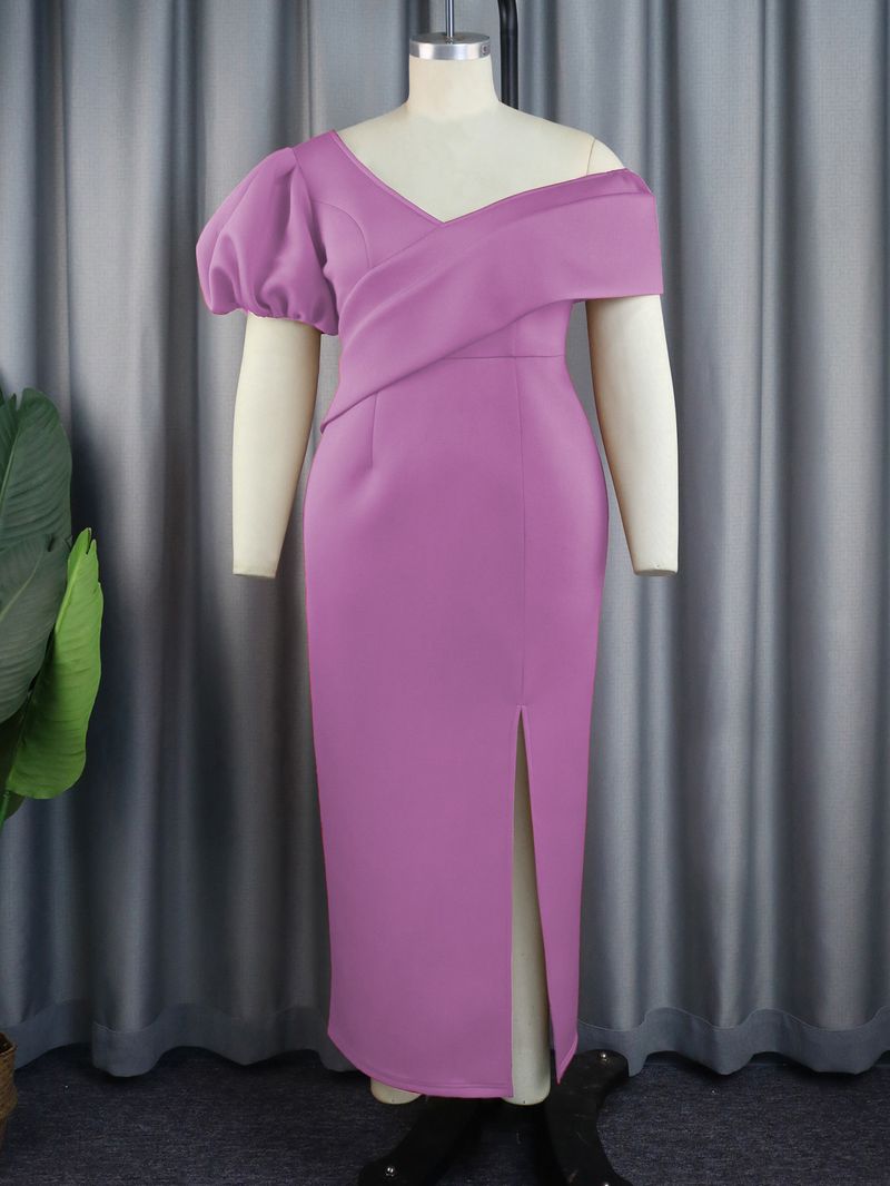 Elegant V-Neck Lantern Sleeve Party Dress - Flattering Black Formal Gown For Women, High Waist Asymmetric Hem, Plus Size Available (S-XXL)_voghion.com