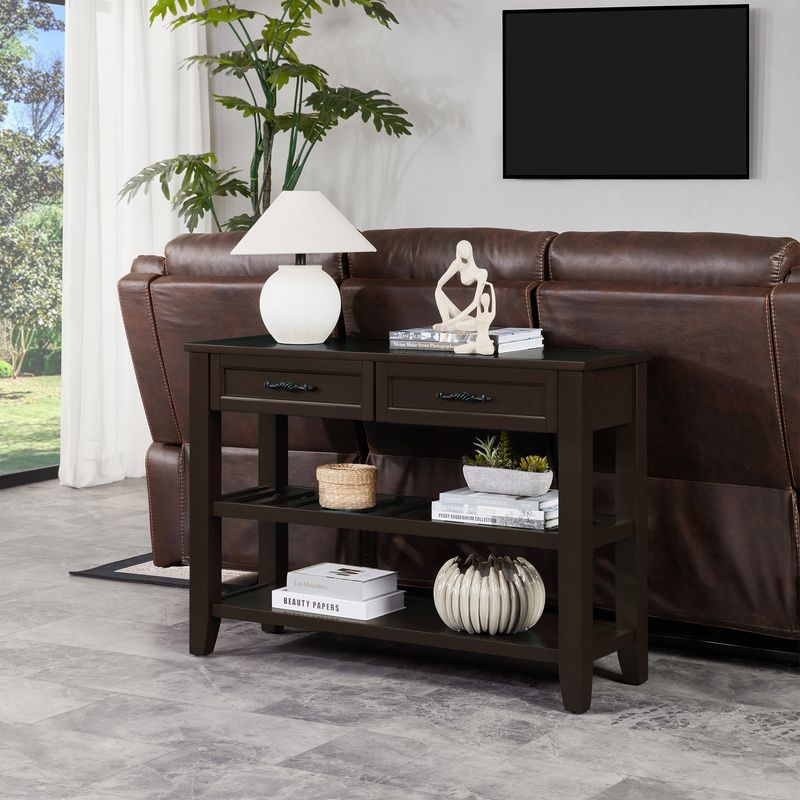 Retro Design Console Table With Two Open Shelves, Pine Solid Wood Frame And Legs For Living Room_voghion.com