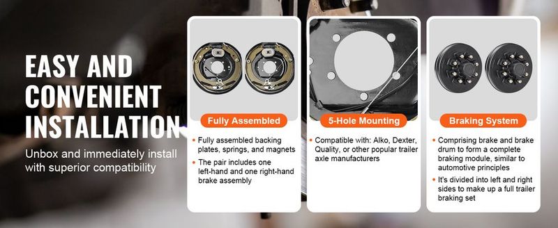 VEVOR Trailer Hub Drum Kits 8 On 6.5" B.C. With 12" X 2" Electric Brakes, Self-Adjusting Trailer Brake Assembly For 7000 Lbs Axle, 5-Hole Mounting, Backing Plates For Brake System Part Replacement_voghion.com