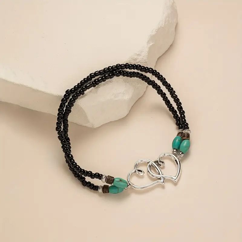 Cavigliera da spiaggia a strati con doppio cuore in lega di vetro e perline da donna_voghion.com