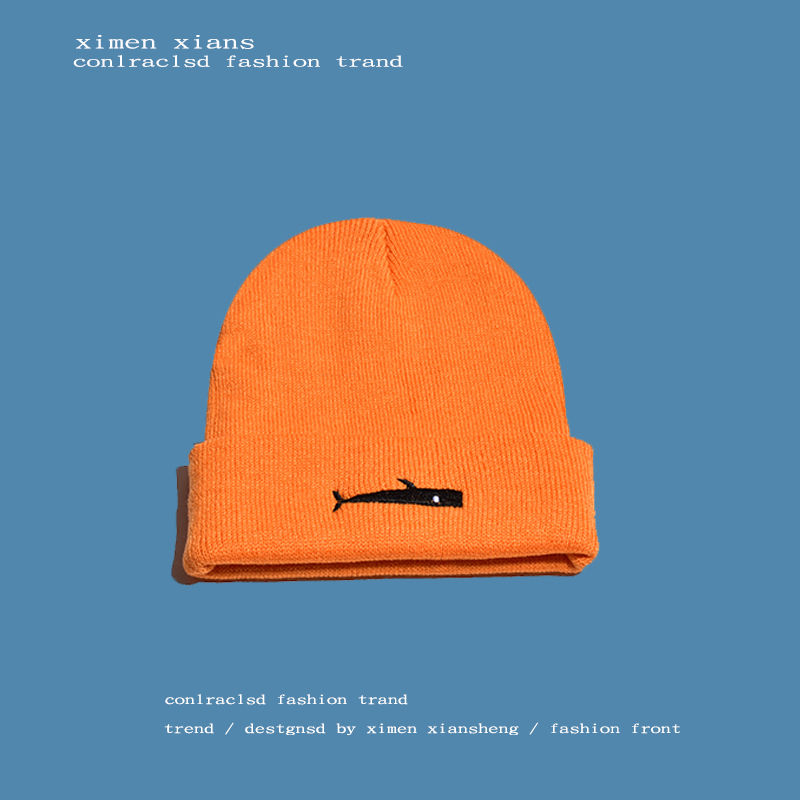 Tendenza Autunno e Inverno Sezione sottile Ricamo di pesci volanti Berretto lavorato a maglia Moda semplice Testa slip-on Hip-hop Berretto di lana nero Uomo e donna_voghion.com