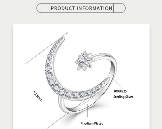 Anello mezzaluna moda femminile anello aperto S925 argento sterling zircone anello gioielli femminili gioielli in argento_voghion.com
