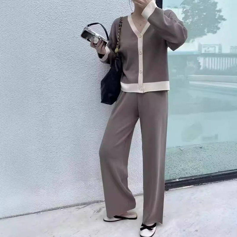 Women's Clothing Fashion Suit For Women New Style Splicing V Neck Long Sleeved Knitted Cardigan Top + Casual Wide Leg Pants Two Piece Suit_voghion.com