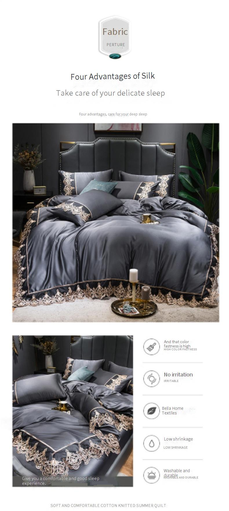 Beddengoedset van zuiver gekleurde zijde - gewassen zijde met geborduurde kantafwerking, 4-delige set, inclusief hoeslaken, luxe hotelkwaliteit_voghion.com