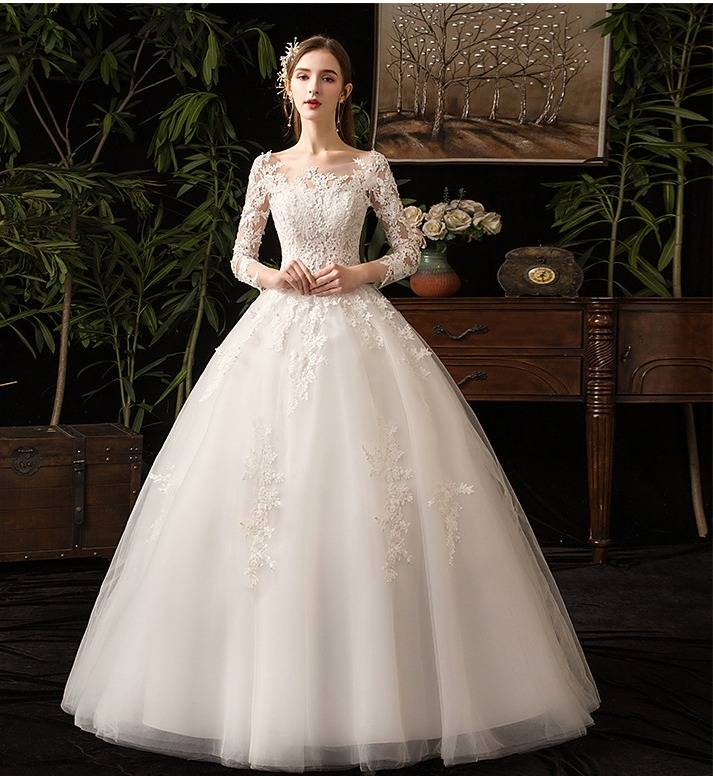 Elegant Long Sleeve Lace Wedding Dress For Bride, Princess Ball Gown With French Style, Plus Size Available_voghion.com