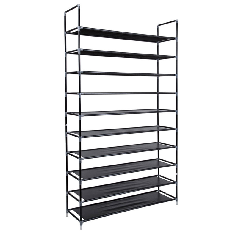 Étagère à chaussures extra large de 100 cm à 10 niveaux, étagères pliables en tissu non tissé et cadre en métal noir | Rangement compact pour entrée, placard ou dortoir_voghion.com