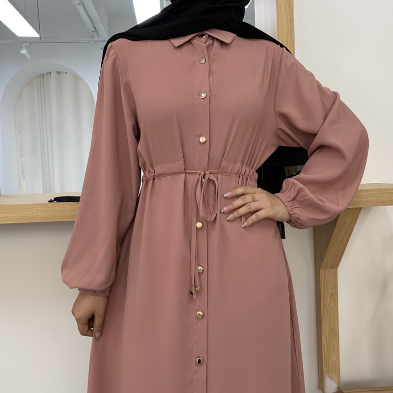 Roupas femininas nova moda muçulmana lapela cor sólida botão completo vestido fino saia longa_voghion.com
