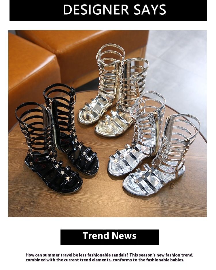 2023 Estate Nuovi bambini Rivetto Stivali freddi Ragazza High Top Long Barrel Star Open Toe Scarpe romane Sandali per studenti_voghion.com