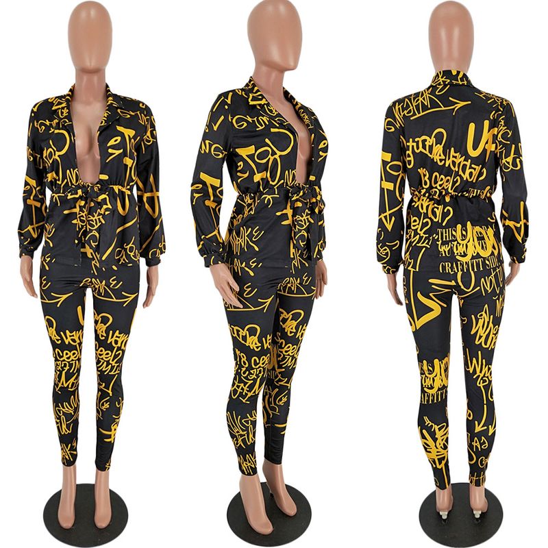 Conjunto feminino de duas peças com estampa de letras, blazer de manga comprida e calça lápis, roupa elegante para escritório, poliéster elástico, P/M/G/GG (laranja)_voghion.com