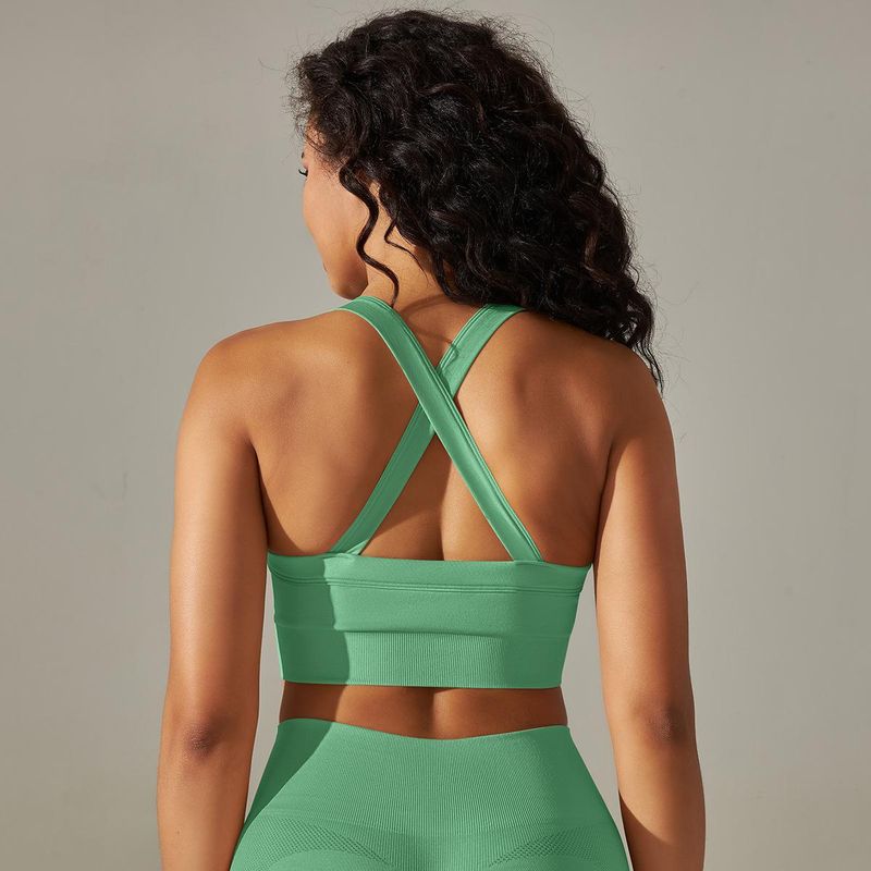 LazyZoom Seamless Knitted Solid Color Vest Fitness Running Yoga Wear Sports Bra Cross Back_voghion.com