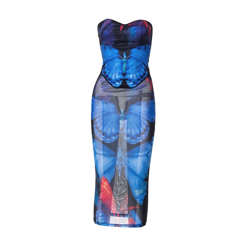 D22ST307 Women's 2022 Summer New Casual Butterfly Print Wrapped Chest Strap Waist Long Dress Set_voghion.com