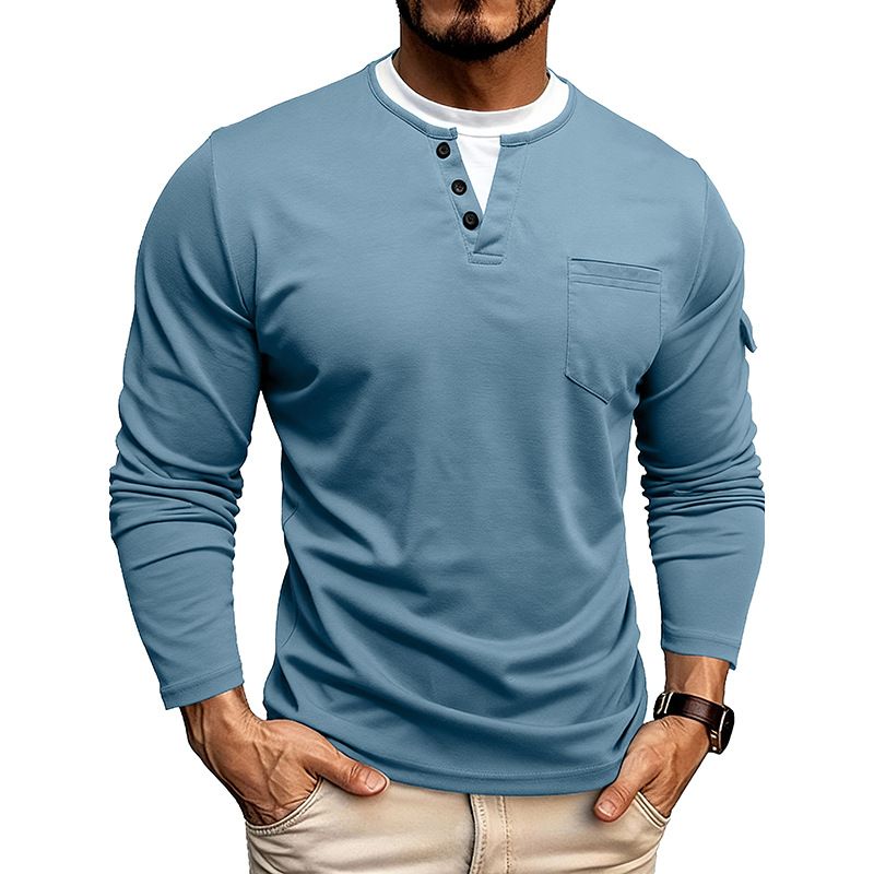 Mehrlagiges Herren-Langarmshirt mit V-Ausschnitt – Doppellagiges Thermoshirt mit Kontrastnähten (Grau/Schwarz/Burgunderrot/Olivgrün/Blau, S-XXXL)_voghion.com