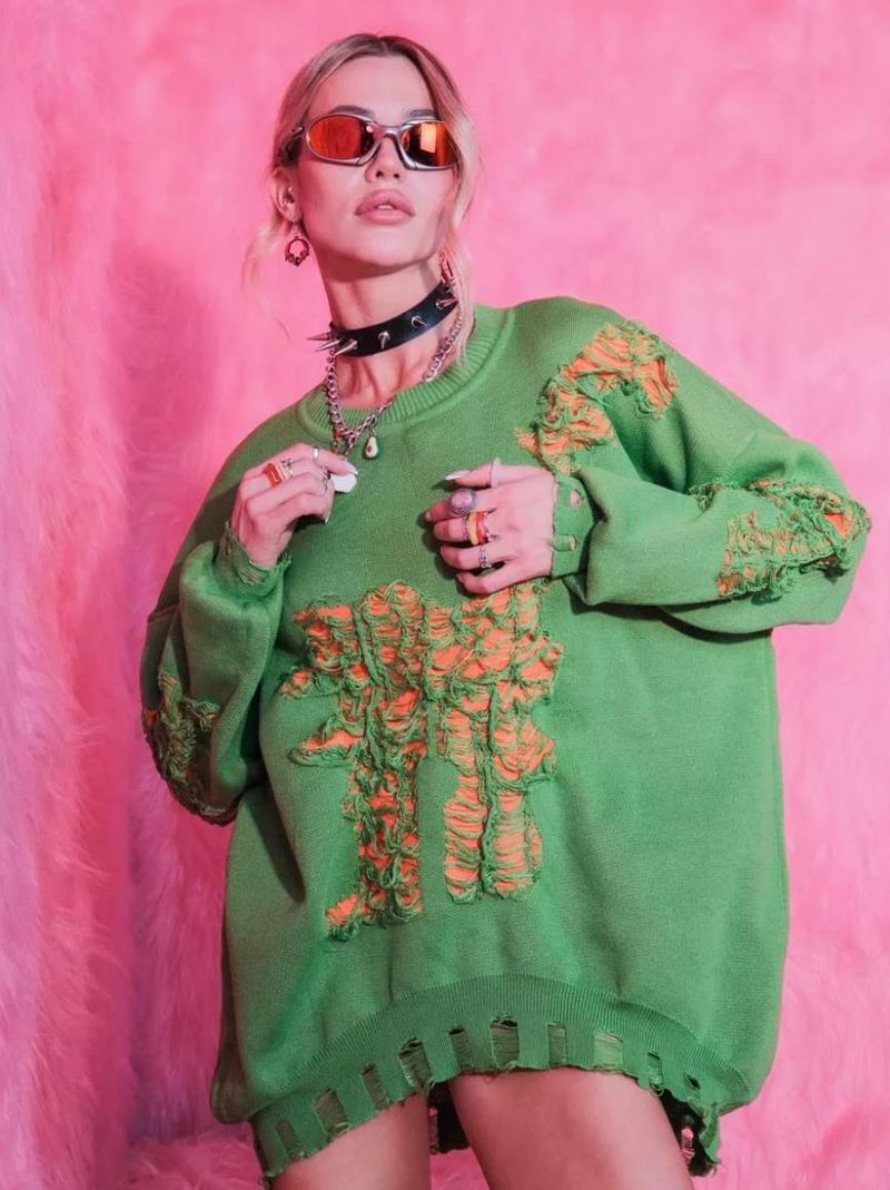 Pull à manches longues style décontracté pour femme, haut tricoté, ample et déchiré_voghion.com