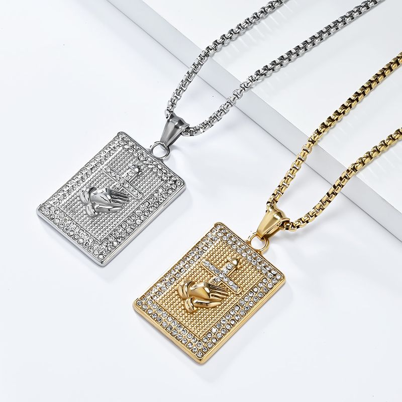 Hiphop praying hands cross full diamond titanium steel necklace plated K pendant_voghion.com