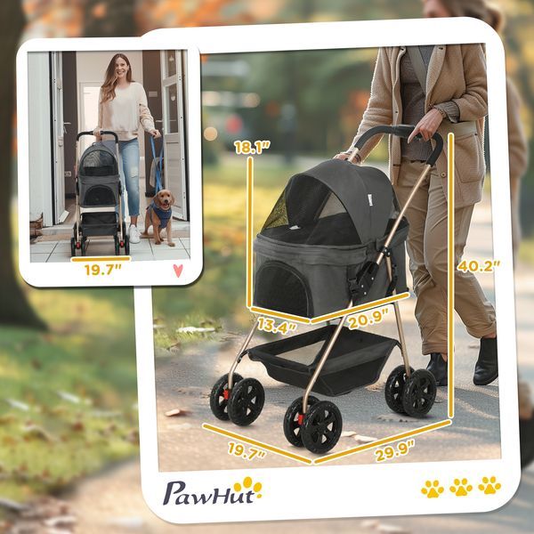 PawHut 3 In 1 Pet Stroller With Detachable Carrier, Foldable Dog Stroller With Storage Basket, Cupholder, For Mini Dogs, Gray_voghion.com