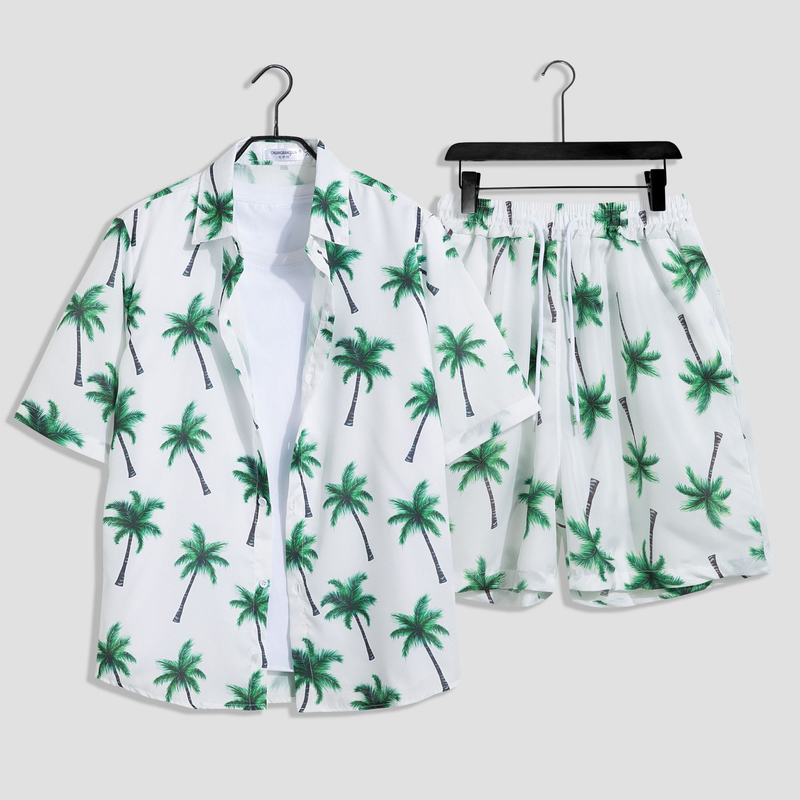 Herenkleding aan zee, strandvakantie, losse heren, plus size paar, trendy bloemenoverhemd met korte mouwen, casual tweedelige set_voghion.com