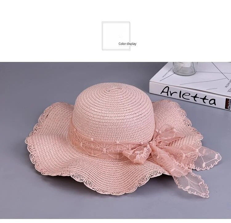 Versione coreana nuova ombreggiatura estiva da donna, protezione solare, tendenza del cappello da spiaggia con fiocco in pizzo all'aperto in paglia traspirante_voghion.com