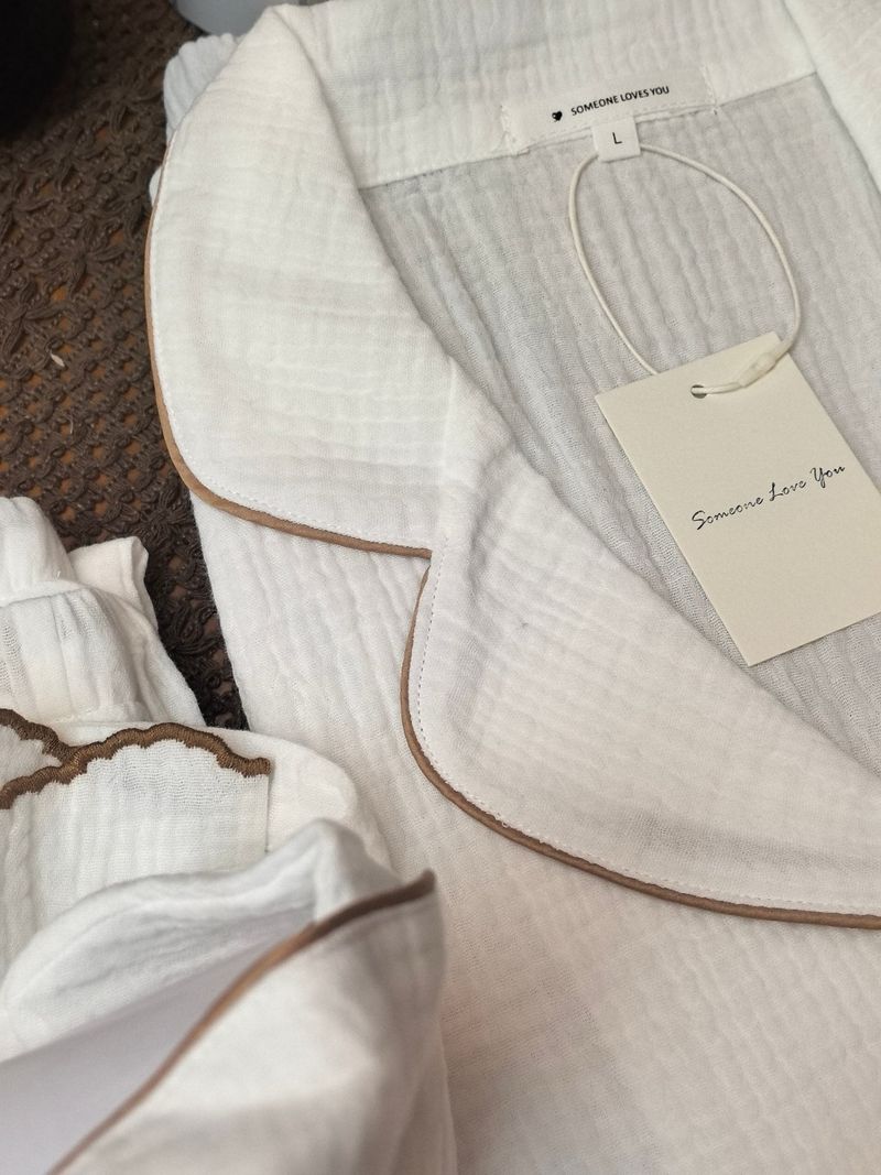 Women's Sleepwears New Style Organic Pure Cotton Double Layer Cotton Yarn Embroidery Lace Short Sleeved Pants Long Sleeved Pants Home Clothes Suit_voghion.com