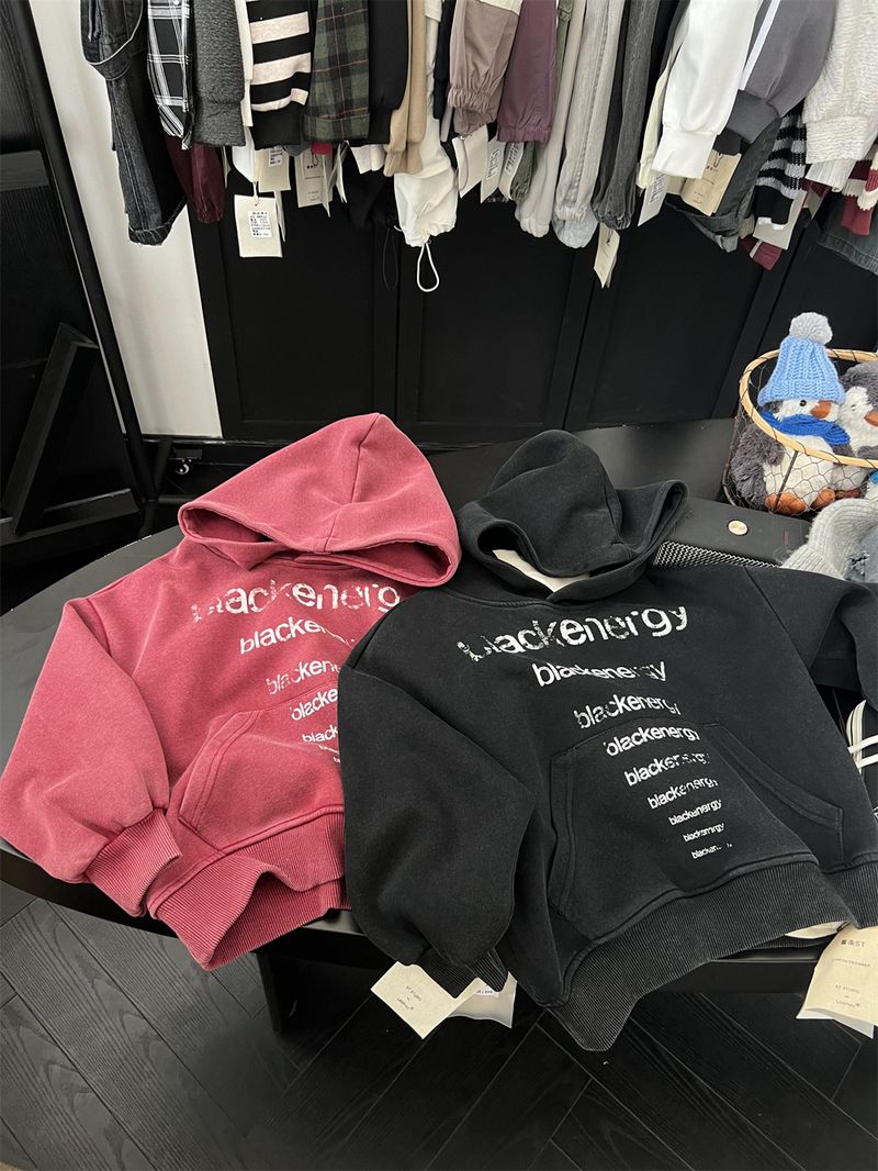 Boys And Girls American Vintage Letter Hooded Sweatshirt, Children's Trendy Cool Autumn Style Sand Washed White Pullover_voghion.com