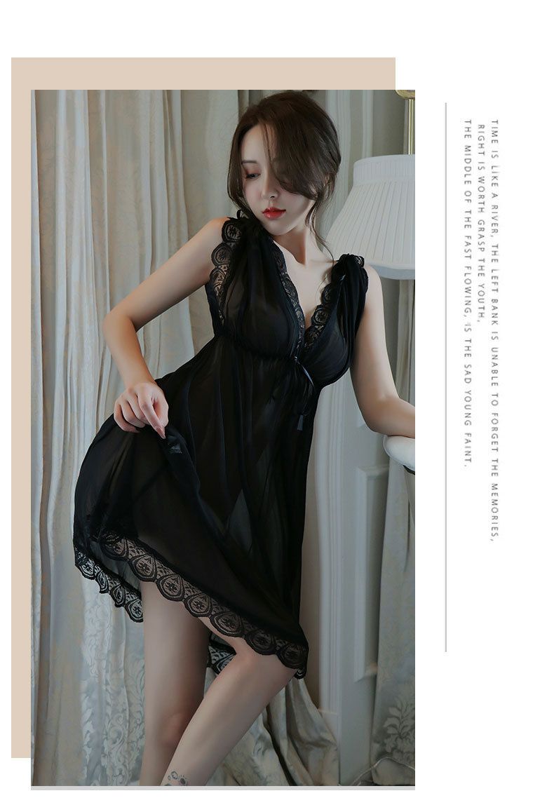 Lingerie lunga da notte da donna taglie forti sexy pigiama profondo trasparente maglia camicia da notte 1090_voghion.com