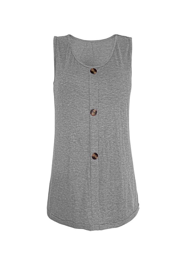 Canotta casual estiva da donna con bottoni - Morbido poliestere elasticizzato, vestibilità slim, scollo tondo, colori a tinta unita (nero, rosa, grigio)_voghion.com