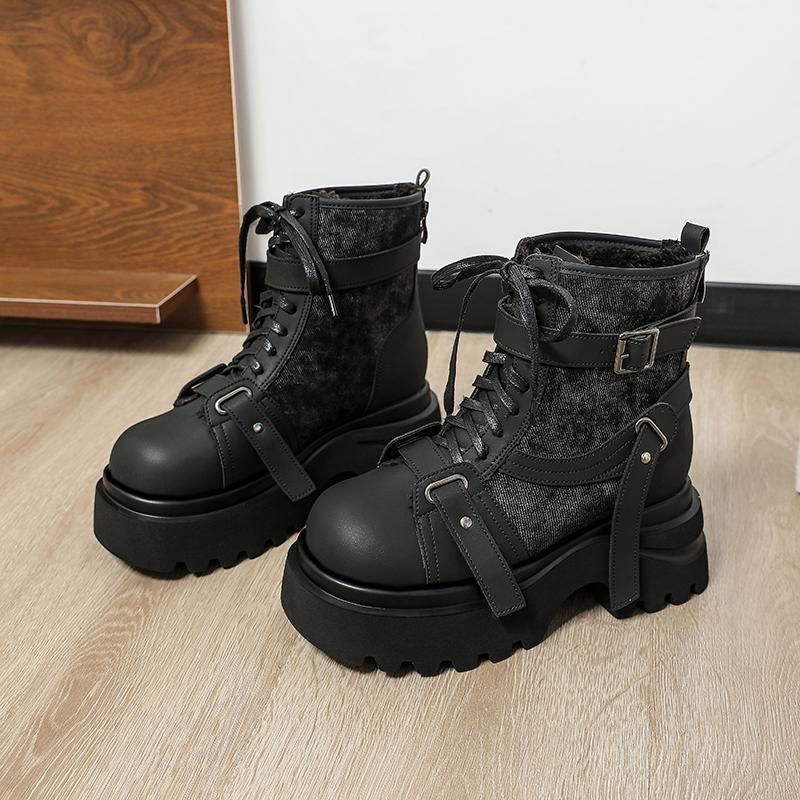 Scarpe da donna larghe e extra large, stile britannico, in pelle di vacchetta, suola spessa, fibbia della cintura, stivali bassi con plateau e patchwork_voghion.com