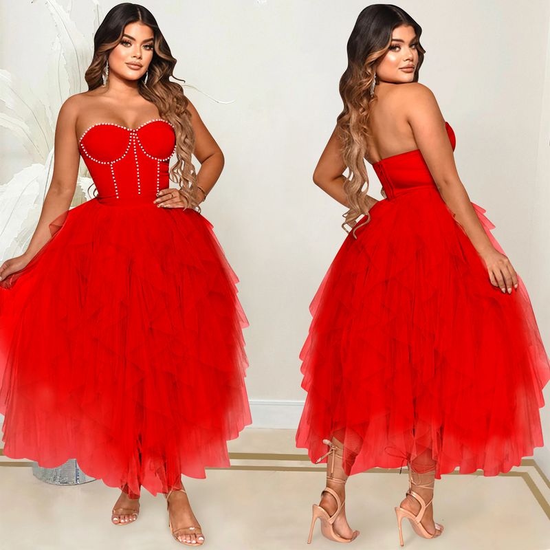 Îmbrăcăminte pentru femei, culoare solidă, fierbinte, cu diamant, tub, top, pufos, plasă, rochie, îmbrăcăminte pentru femei_voghion.com