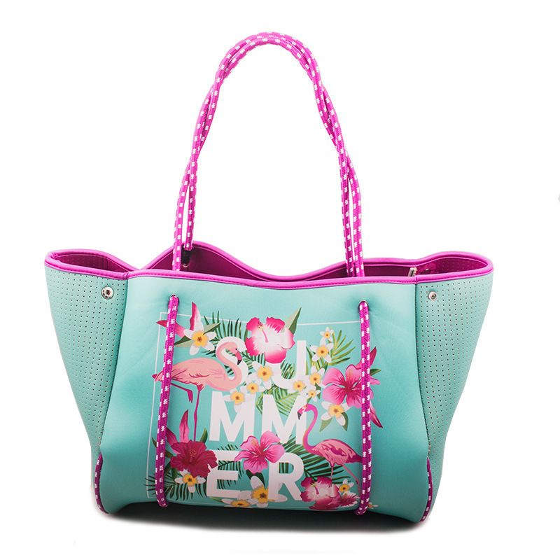 Tauchstoff Strandtasch, bedréckte Flamingo Handtasche, Outdoor Picknick Fraen Handtasche mat grousser Kapazitéit_voghion.com