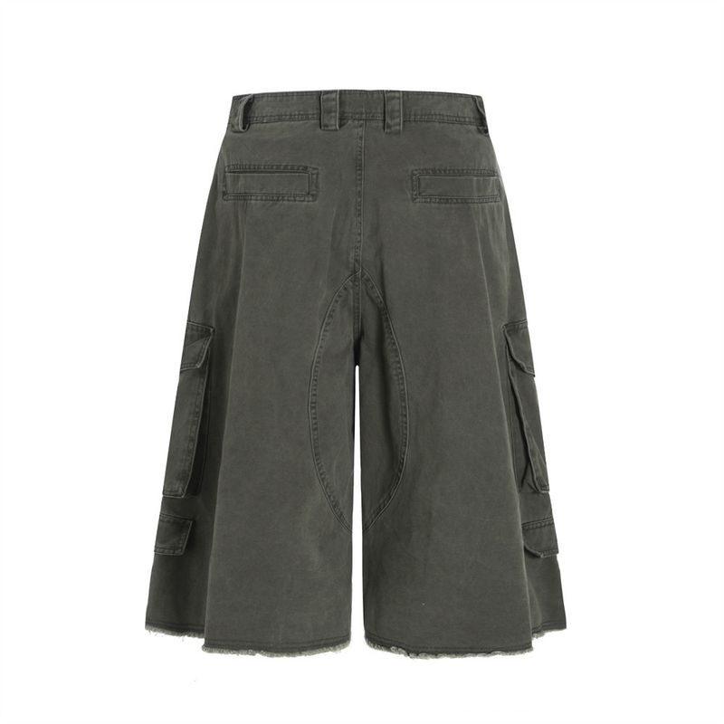Abbigliamento da uomo, pantaloncini estivi da uomo con gamba larga, tasche larghe, bordi grezzi e design tinta unita, punk e usurati_voghion.com