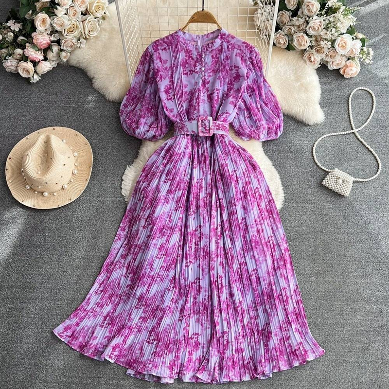 Rochie elegantă plisată cu imprimeu floral pentru femei, cu mânecă scurtă, guler rotund, talie subțire, linie A_voghion.com