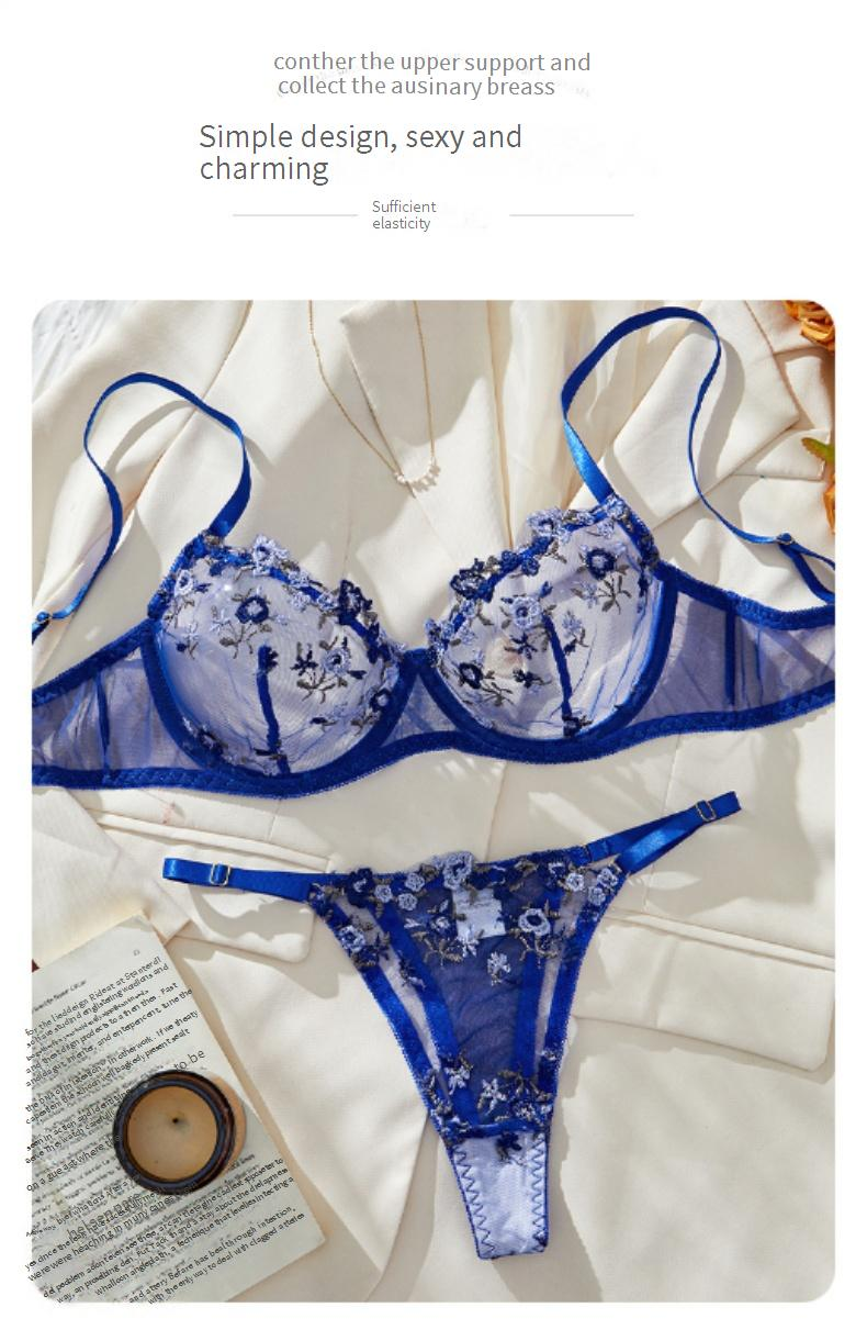 Women's Intimates Perspective Embroidery Blue Bra Underwear Women's Pure Desire Style Mesh Temptation Underwear Set_voghion.com